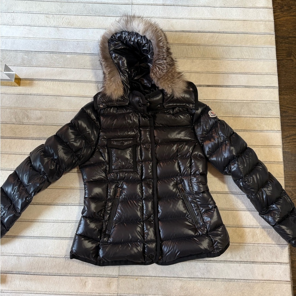 Moncler size 5 women’s black down coat with real fur trim - armoise giubbotto